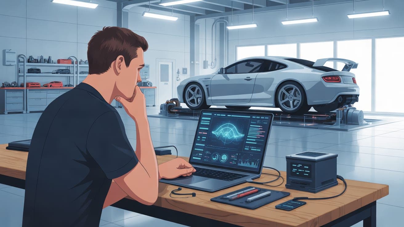 A master tuner in a clean, modern workshop looks thoughtfully at a laptop displaying complex, glowing data visualizations. In the background, a high-performance car is on a dynamometer, perfectly illu