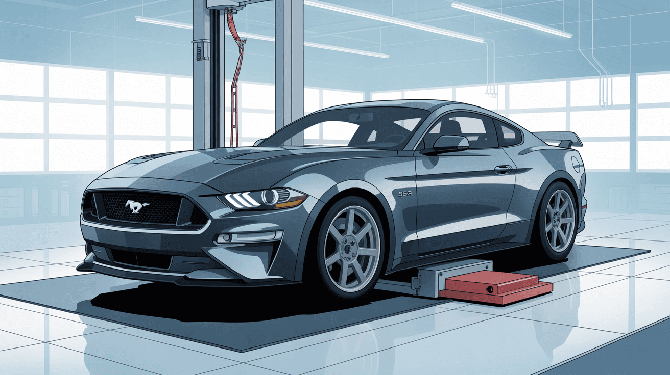 A modern, dark grey S550 Ford Mustang is strapped to a chassis dynamometer inside a clean, well-lit performance shop. The mood is professional and technical, with a cool color palette of blues, greys,