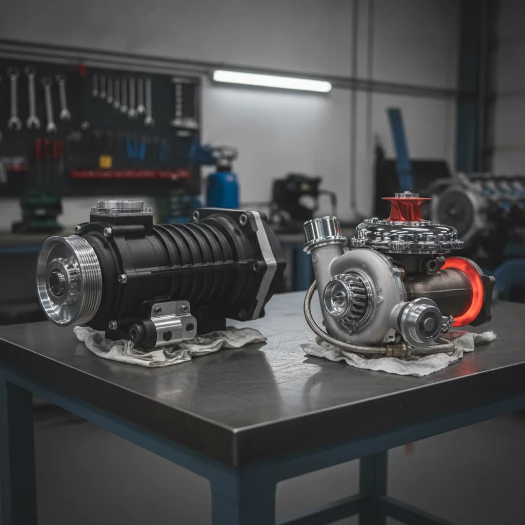A dynamic split image showcasing the intricate internal components of a supercharger on one side and a turbocharger on the other, bathed in cool blue and warm orange light, respectively. The backgroun